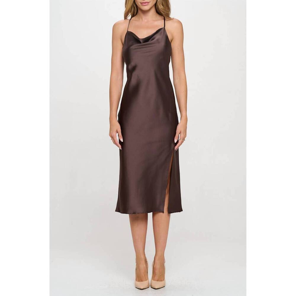 NEW RENEEC. satin bias slip dress with slit in chocolate